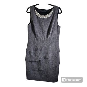 Connected Apparel dress with beaded jeweled neckline tiered layers gray size 12